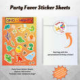 Load image into Gallery viewer, This image shows the dino-mighty sticker sheet included as a party favor, the cellophane bag, and the personalized paper thank you sticker.
