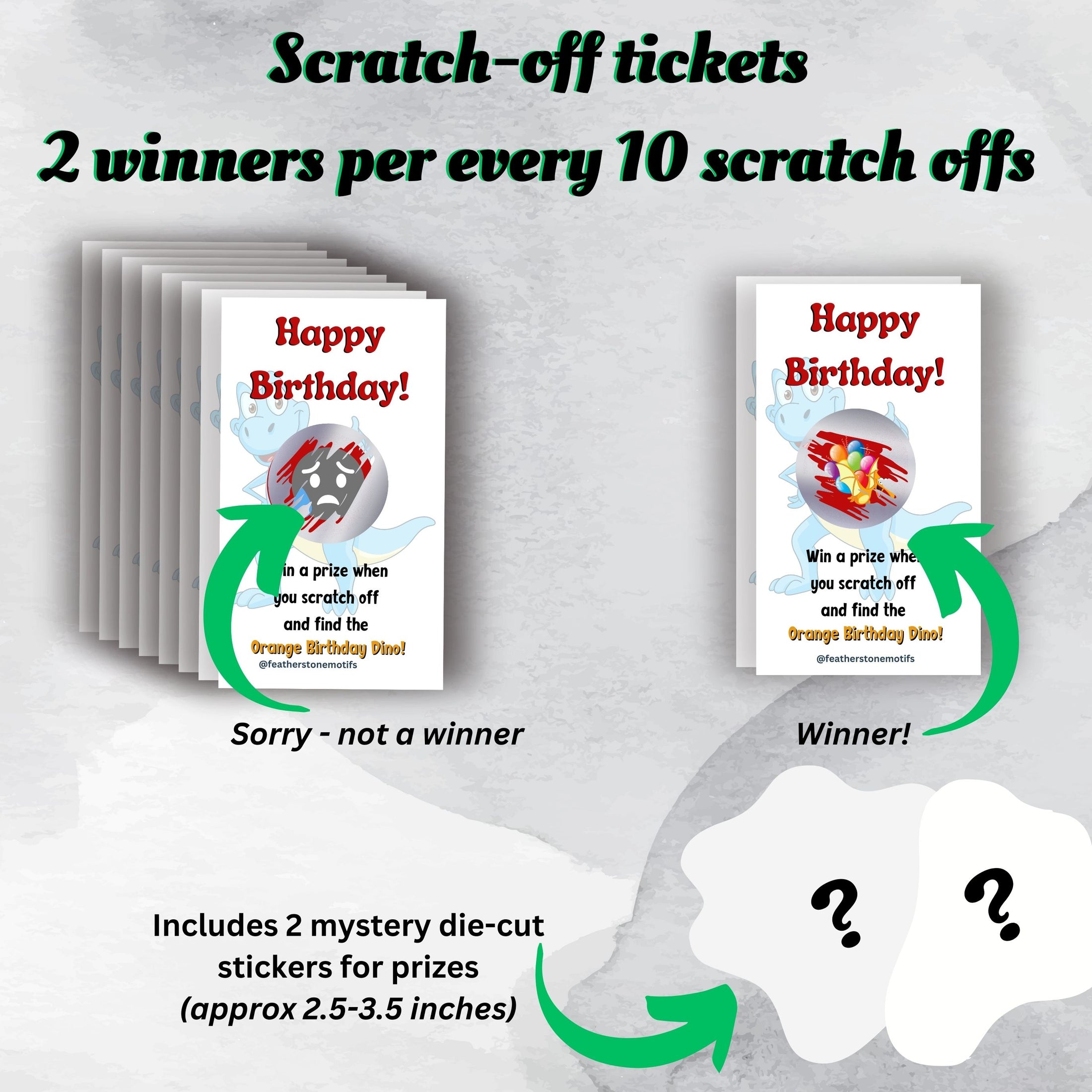 This image shows the scratch-off cards highlighting the winning and non-winning images. Each set of 10 scratch-off cards includes 2 mystery die-cut stickers as prizes.