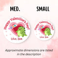 Load image into Gallery viewer, This image shows medium and small personalized valentine stickers next to each other as a size comparison.
