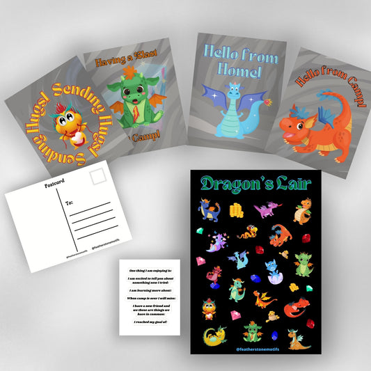 This image shows the full Dragon's Lair themed Camp Postcard Kit.