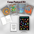 Load image into Gallery viewer, This image shows the Dragon's Lair themed Camp Postcard Kit with descriptions and dimensions for each item.
