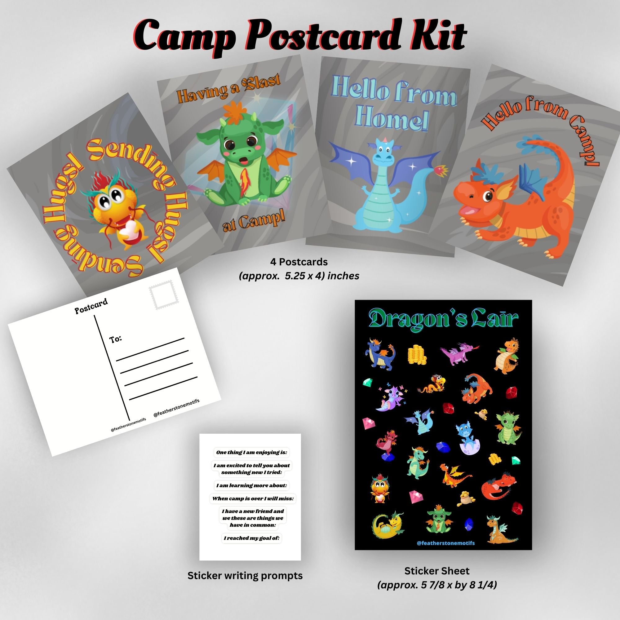 This image shows the Dragon's Lair themed Camp Postcard Kit with descriptions and dimensions for each item.