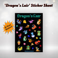 Load image into Gallery viewer, This image shows the Dragon's Lair sticker sheet with 31 vinyl stickers that is included in the Dragon's Lair themed Camp Postcard Kit.
