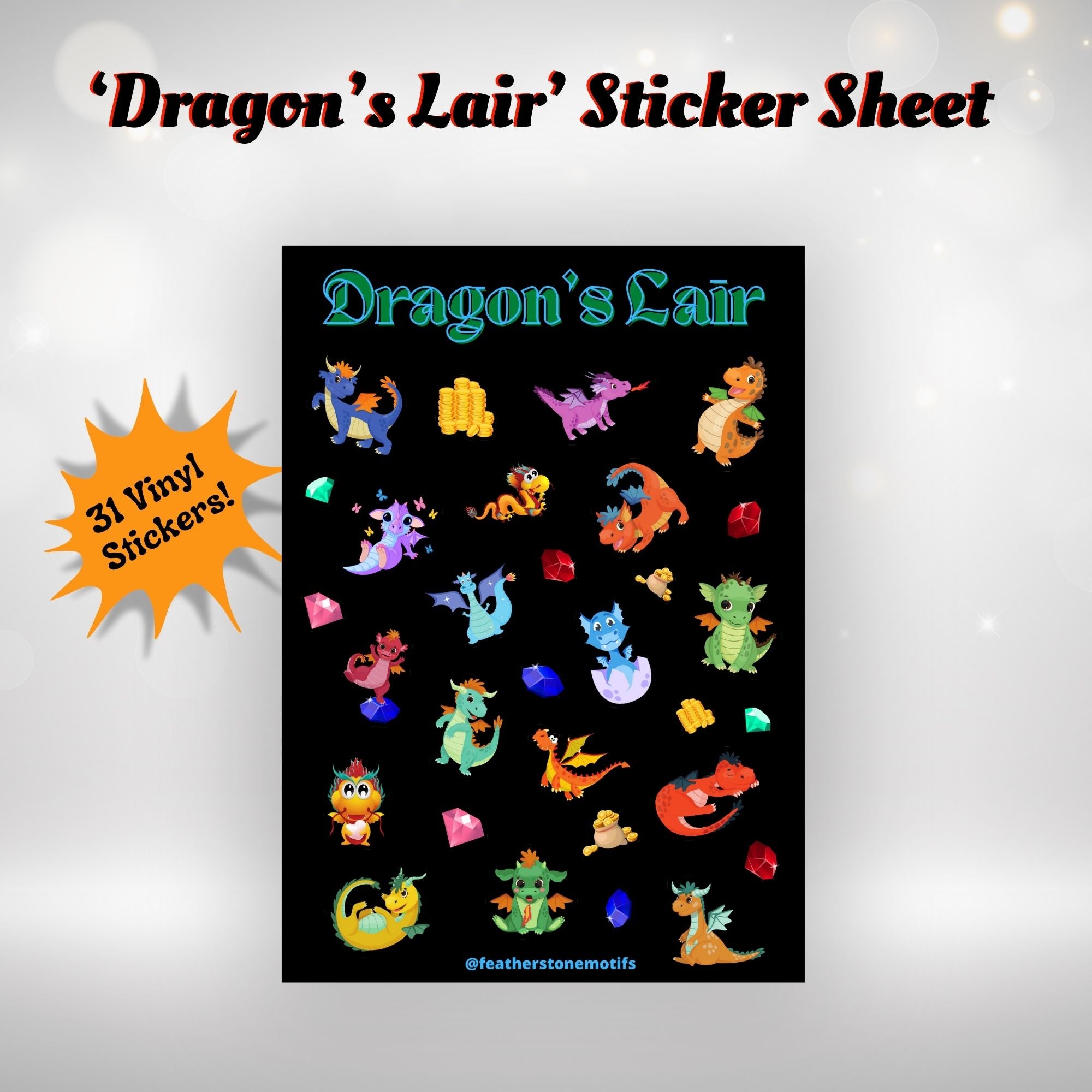 This image shows the Dragon's Lair sticker sheet with 31 vinyl stickers that is included in the Dragon's Lair themed Camp Postcard Kit.