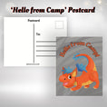 Load image into Gallery viewer, This image shows the Hello from Camp postcard with an orange and blue dragon on the front.
