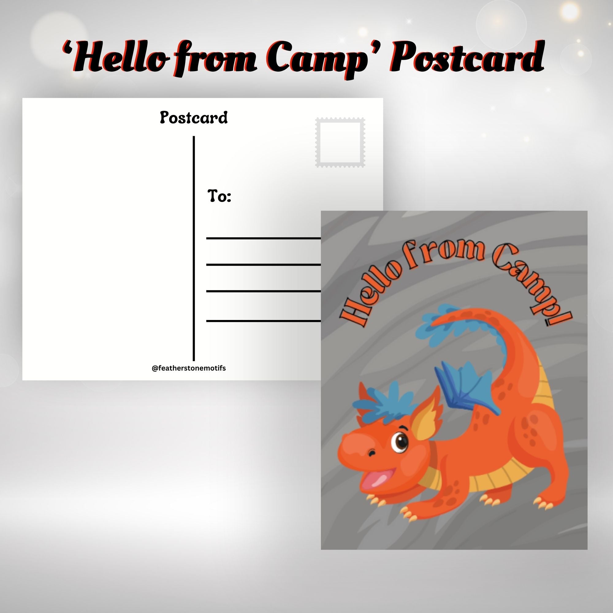 This image shows the Hello from Camp postcard with an orange and blue dragon on the front.