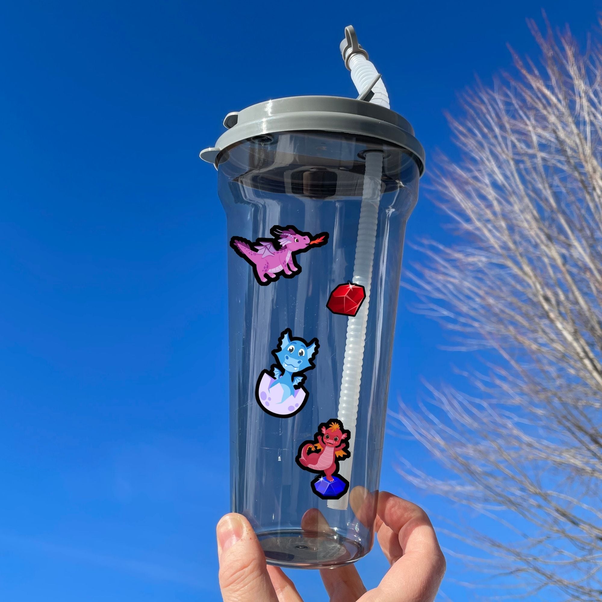 This image shows a water bottle with some of the Dragon's Lair stickers applied.