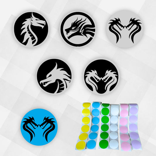 This image shows the five Dragon label designs with a subset of color options.
