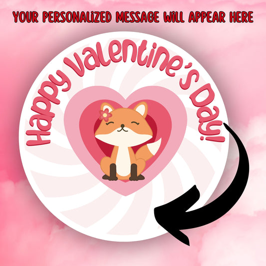 This image shows the valentine sticker with an arrow showing where your personalized message will be printed.