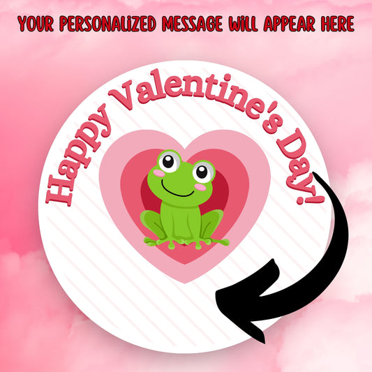 This image shows the valentine sticker with an arrow showing where your personalized message will be printed.