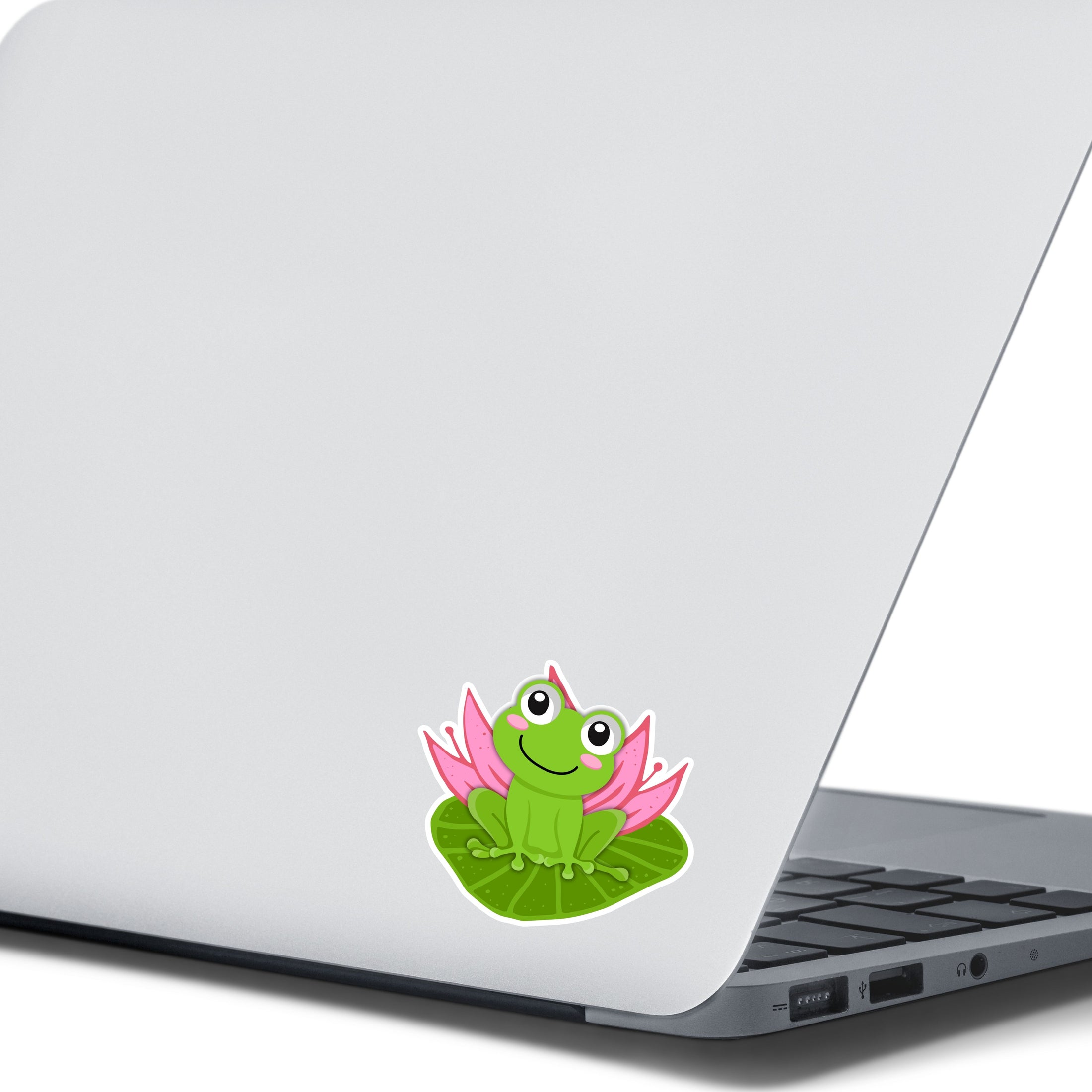 This image shows the froggy on a lily pad sticker on the back of an open laptop.