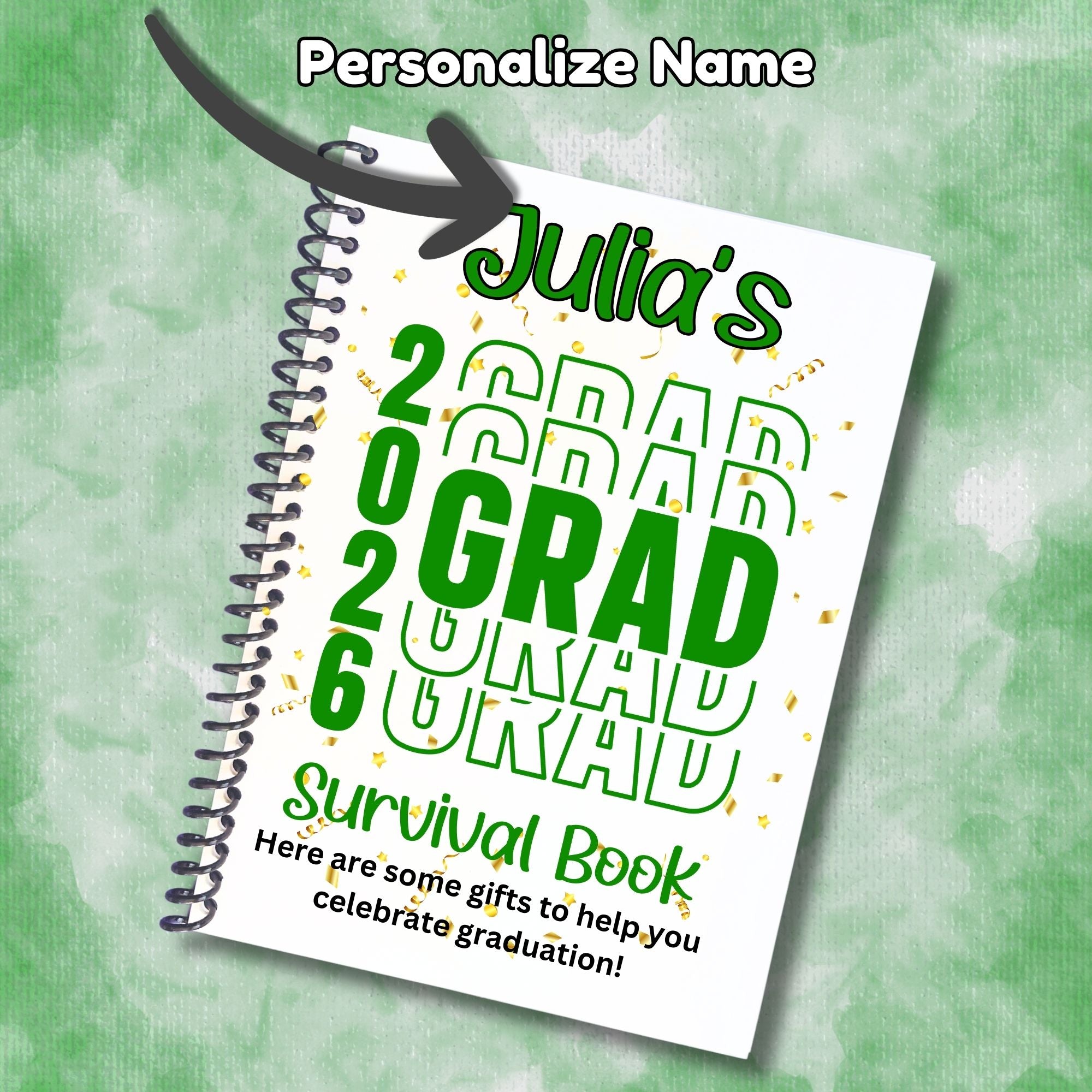 This image shows where your personalized name will be printed on the Personalized Grad Gift Card Book with Stickers and PVC Cover - Green.