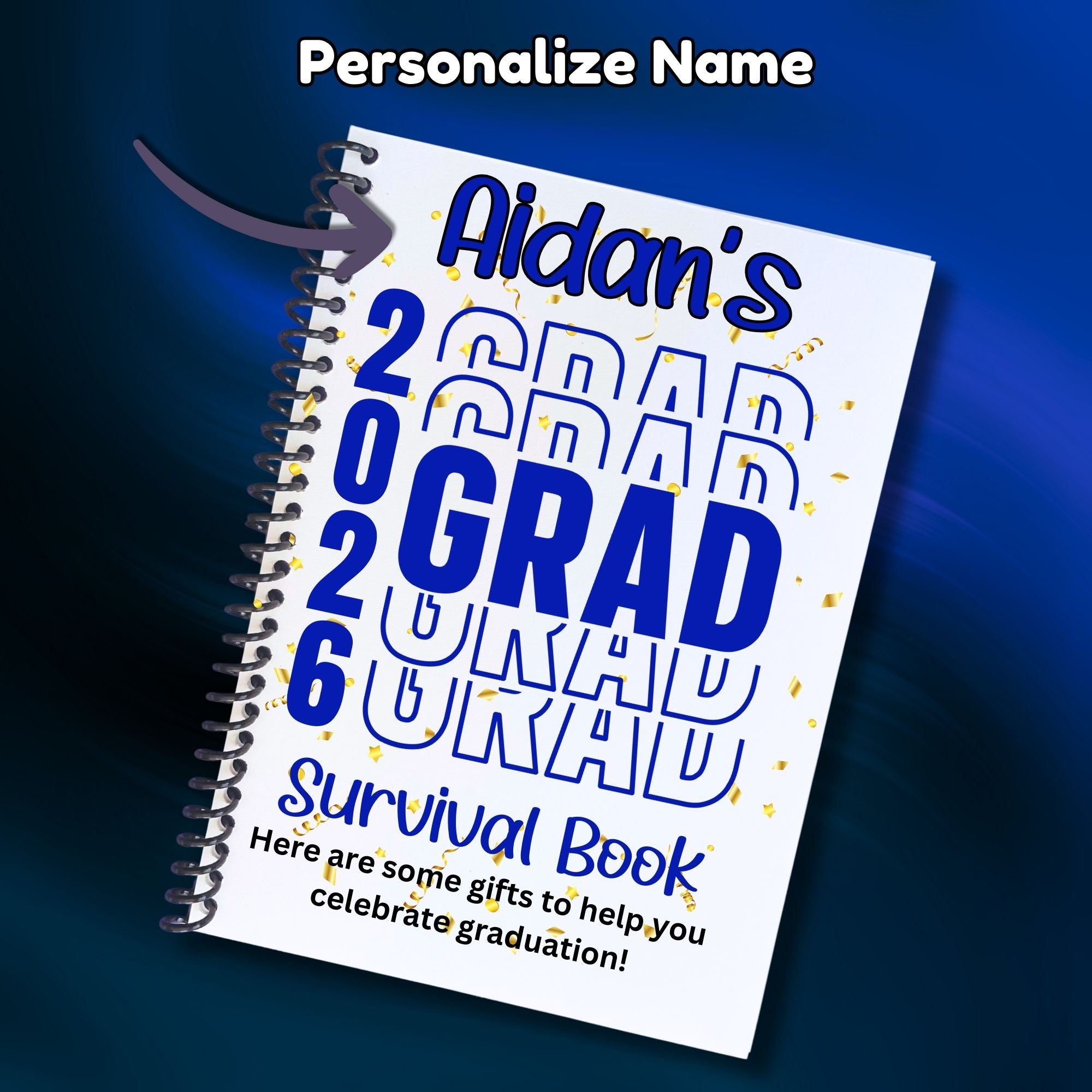 This image shows where your personalized name will be printed on the Personalized Grad Gift Card Book with Stickers and PVC Cover - Blue.