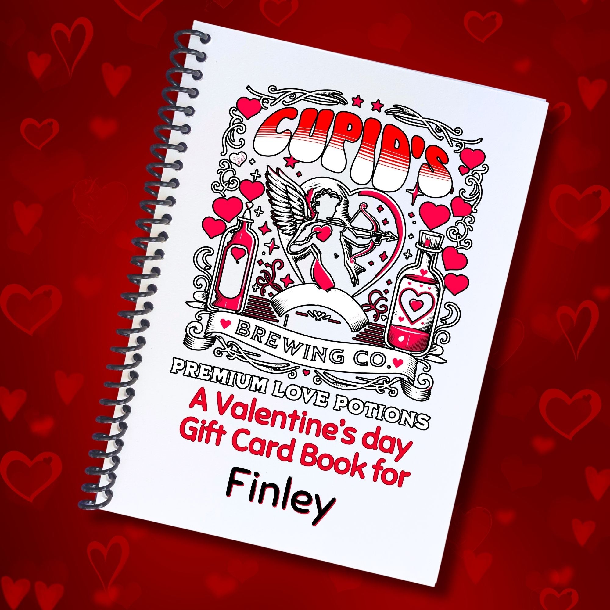 This image shows the Personalized Valentine's Day Compact 5"x7" Gift Card Book with Stickers and PVC Cover - Cupid's Brewing.