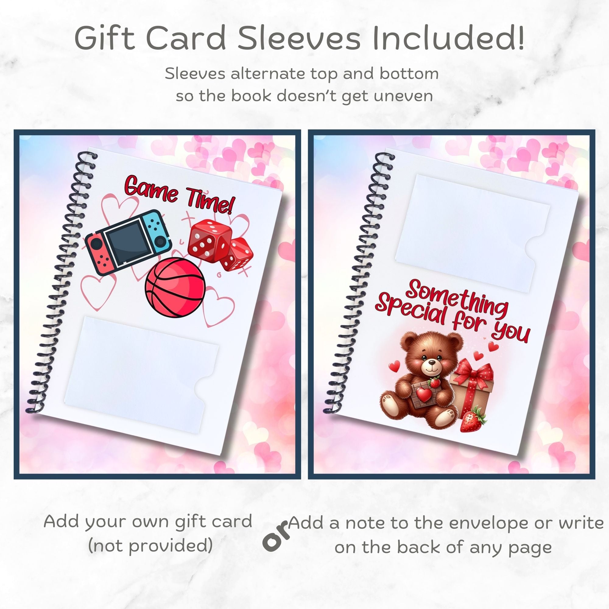 This image shows how the gift card envelopes/sleeves are alternated between pages in the Personalized Valentine's Day Compact 5"x7" Gift Card Book with Stickers and PVC Cover - Foxy.