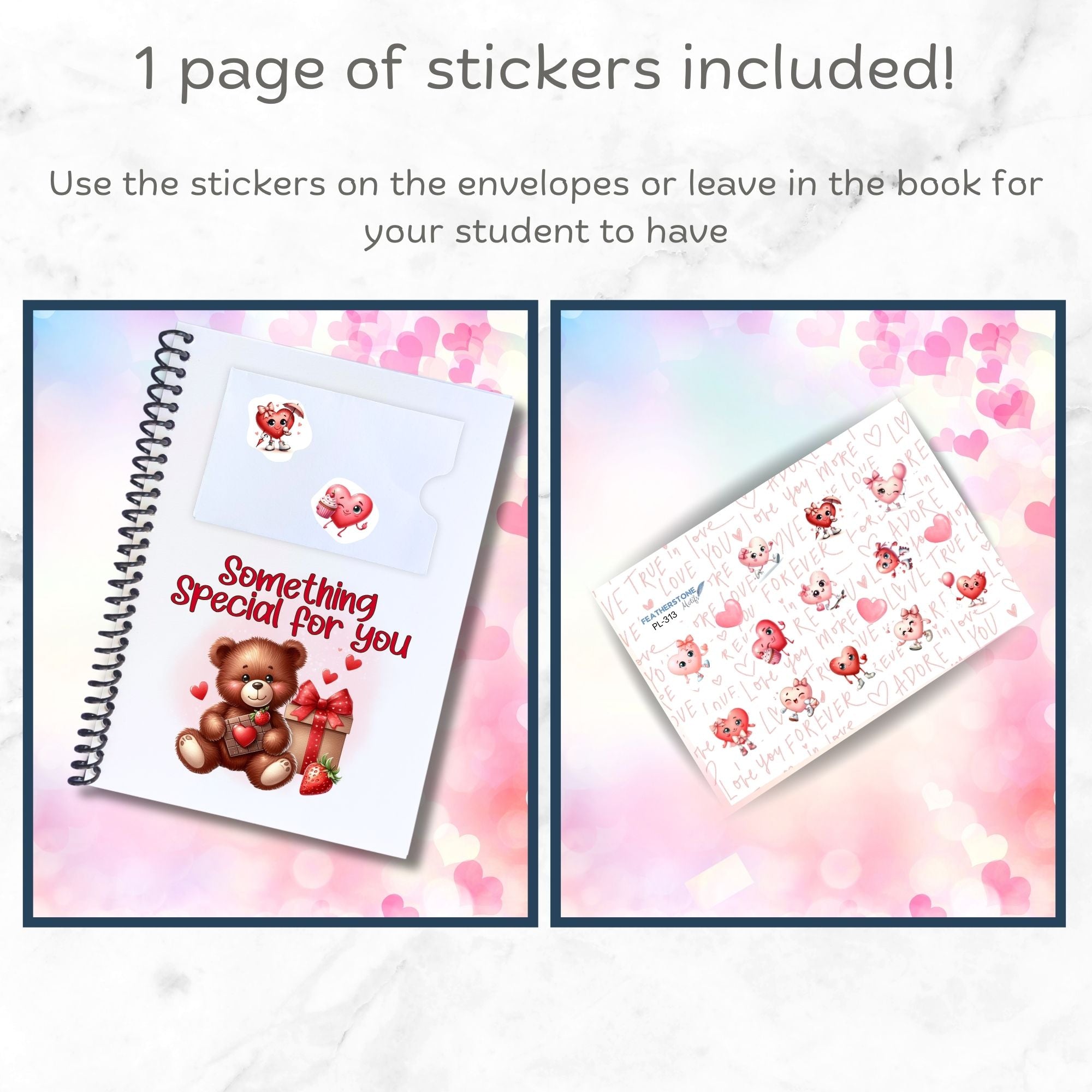 This image shows a way to use the included matte paper stickers in the Personalized Valentine's Day Compact 5"x7" Gift Card Book with Stickers and PVC Cover - Foxy.