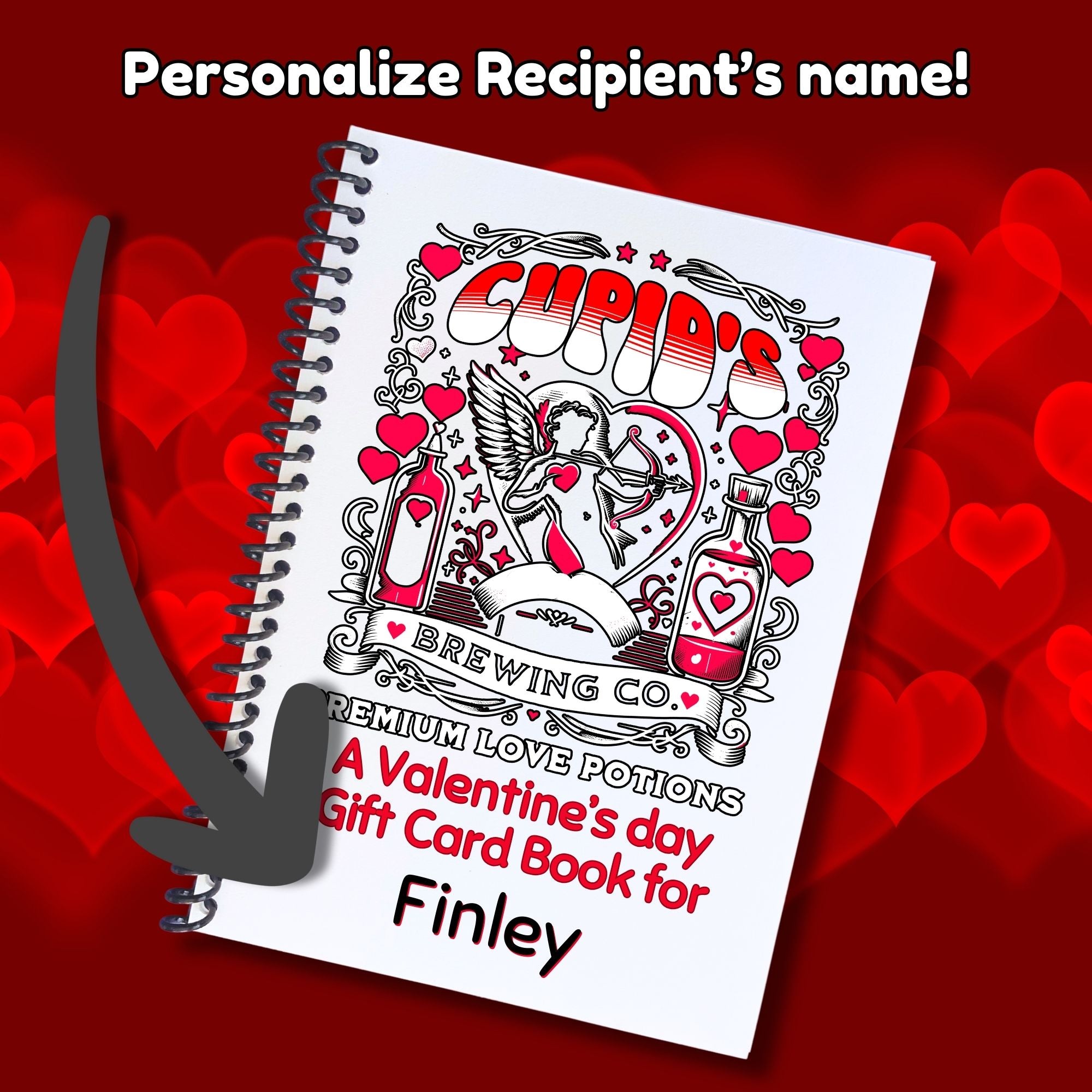 This image shows where your personalized name will be printed on the Personalized Valentine's Day Compact 5"x7" Gift Card Book with Stickers and PVC Cover - Cupid's Brewing.