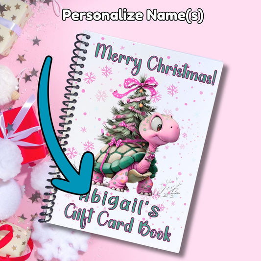 This image shows where your personalized name will be printed on the 6 Page Personalized Christmas Gift Card Book with Stickers and PVC Cover - Pink Christmas Tortoise.