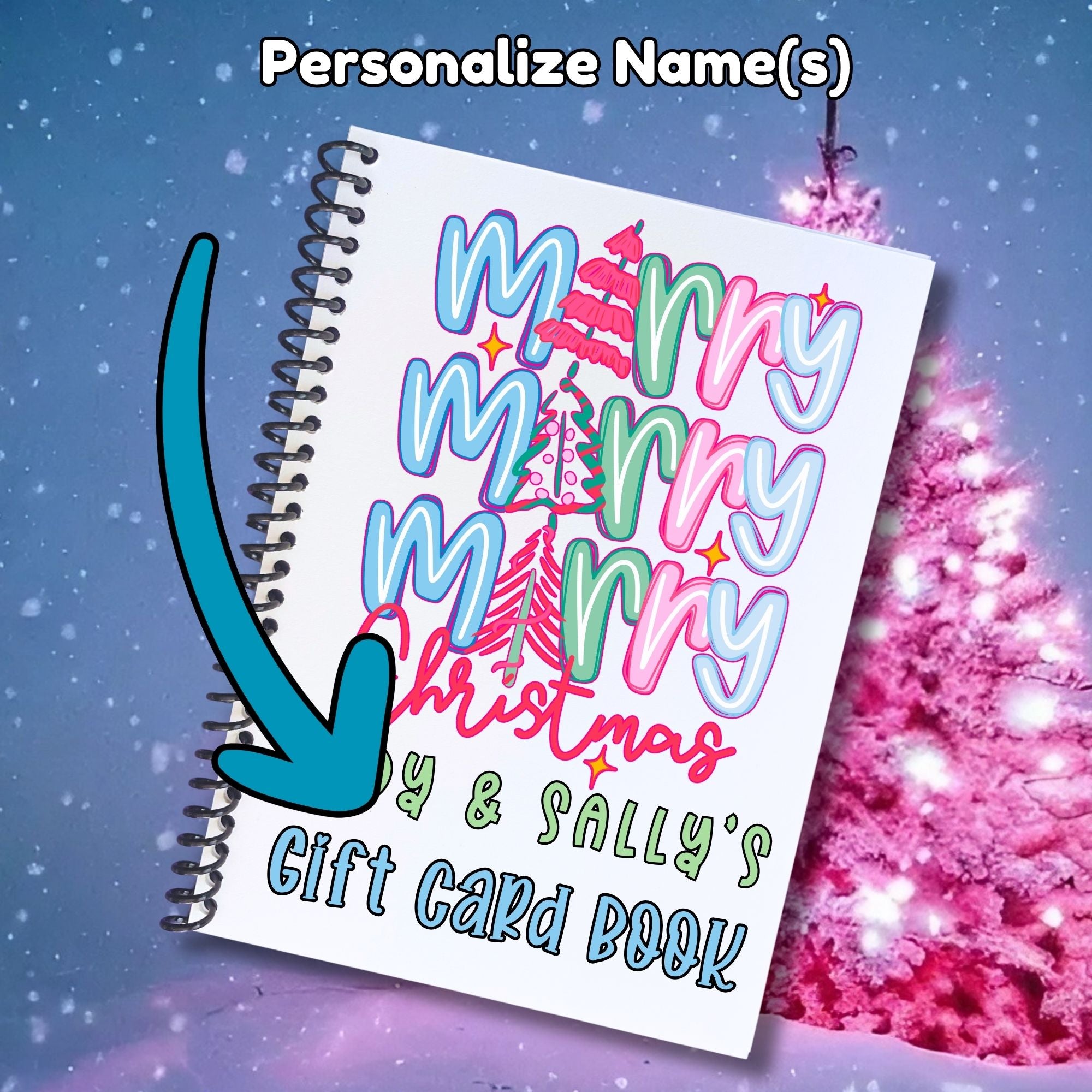 This image shows where your personalized name will be printed on the 6 Page Personalized Christmas Gift Card Book with Stickers and PVC Cover - Merry Christmas.