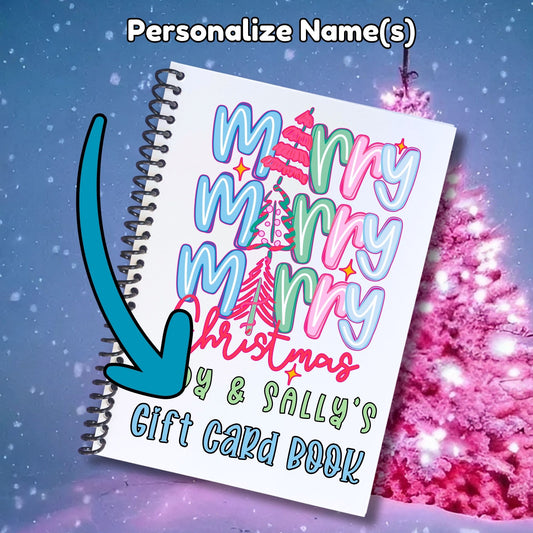 This image shows where your personalized name will be printed on the 6 Page Personalized Christmas Gift Card Book with Stickers and PVC Cover - Merry Christmas.