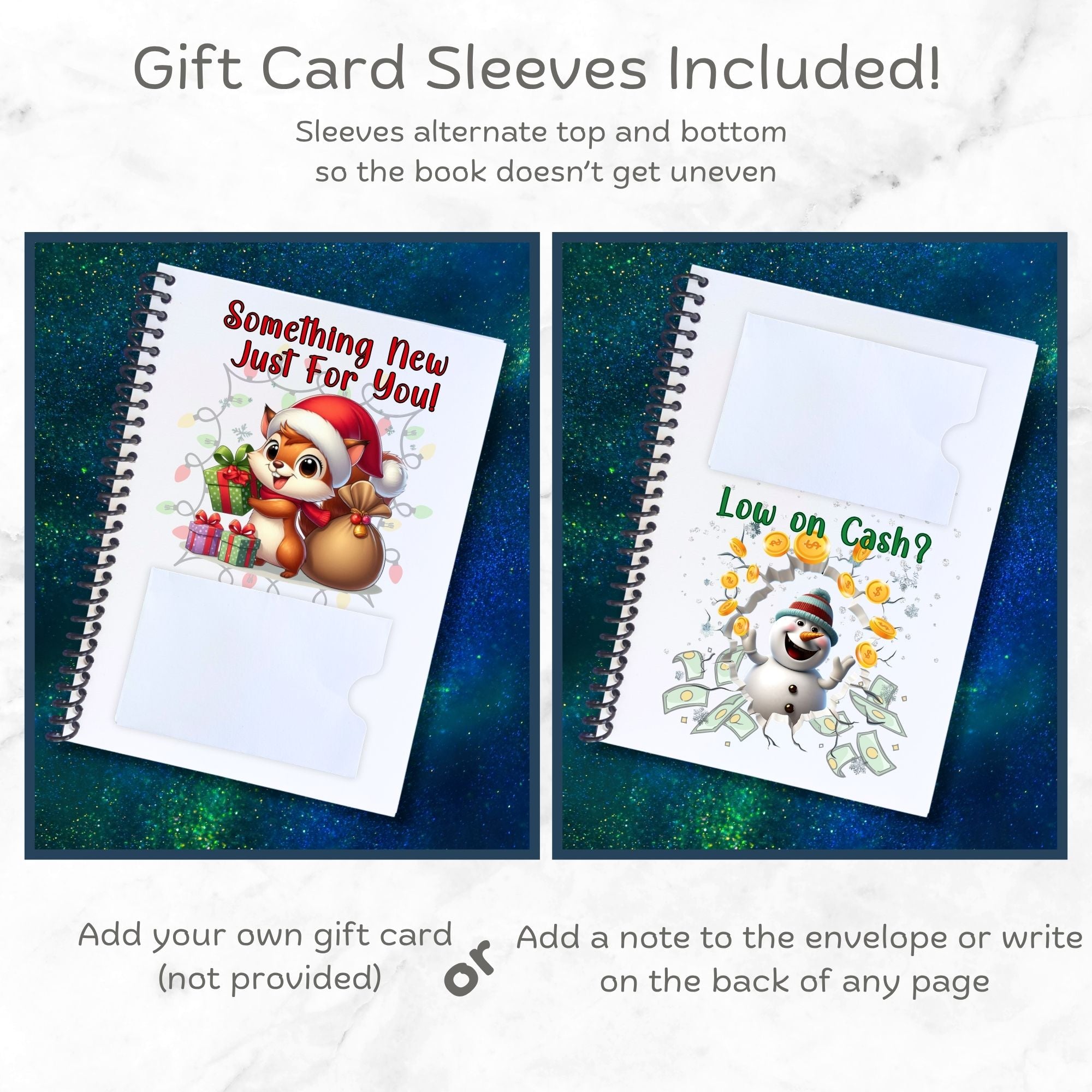 This image shows how the gift card sleeves alternate between top and bottom in the 6 Page Personalized Christmas Gift Card Book with Stickers and PVC Cover - Christmas Dog.