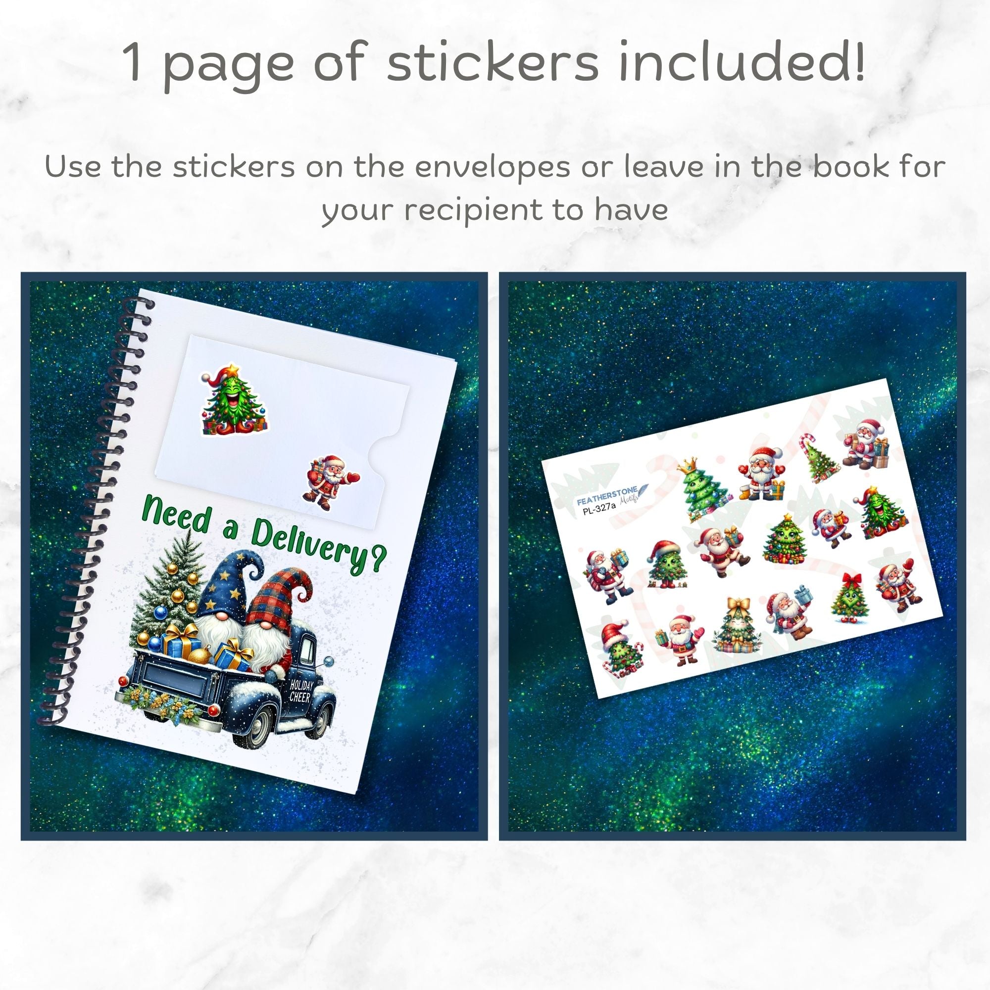 This image shows how you can use the matte paper sticker sheet included in the 6 Page Personalized Christmas Gift Card Book with Stickers and PVC Cover - Christmas Dog.