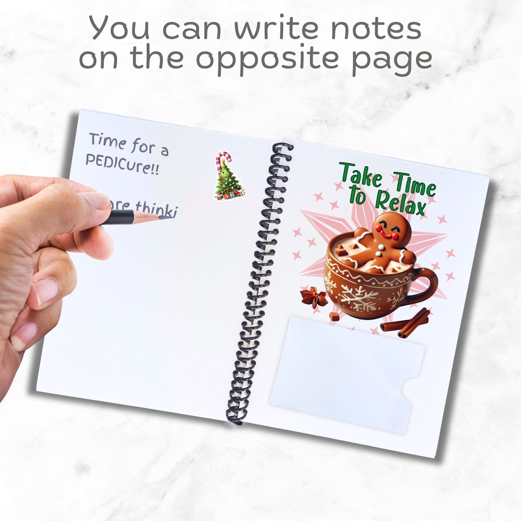 This image shows how you can add personal notes to the 6 Page Personalized Christmas Gift Card Book with Stickers and PVC Cover - Christmas Dog.