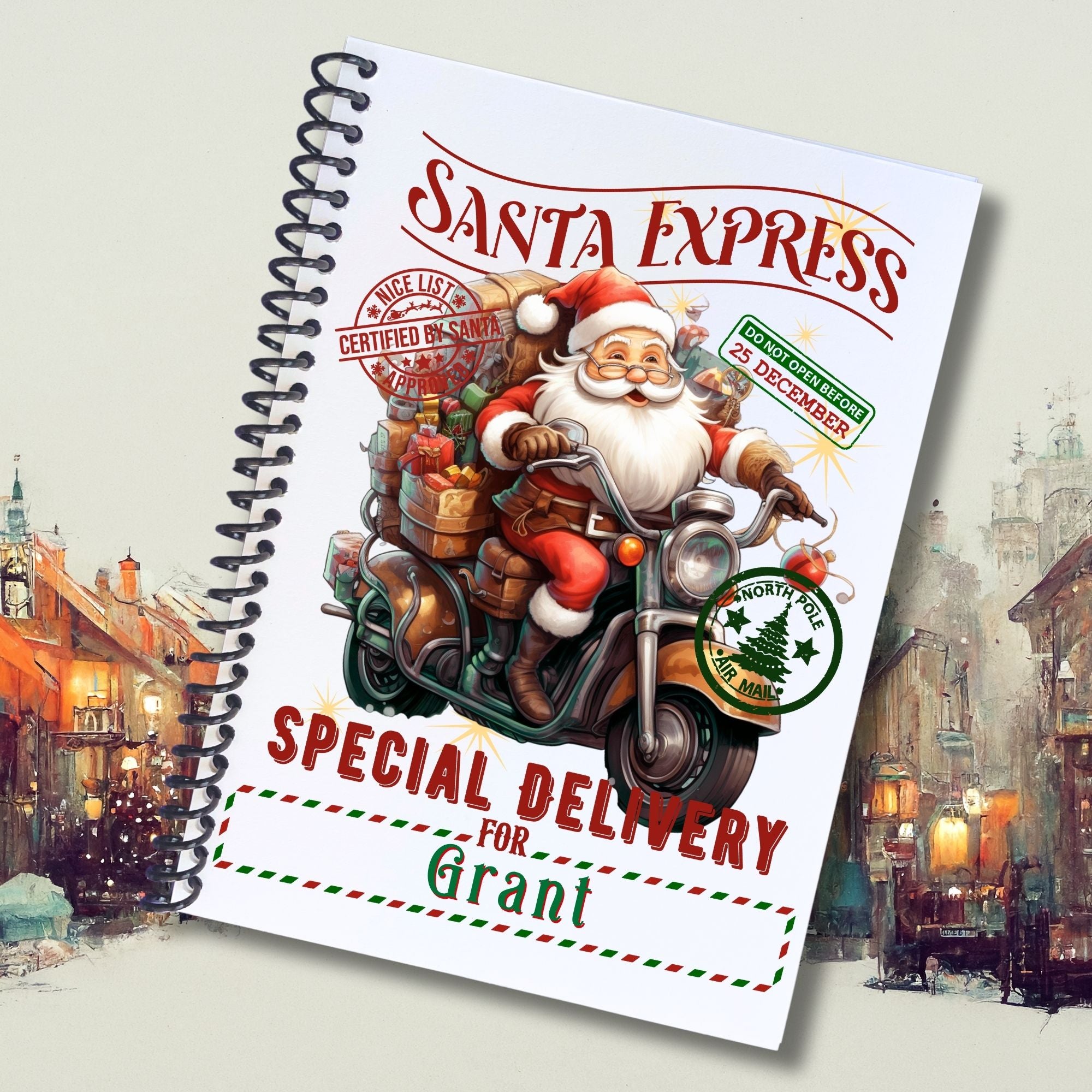This image shows the 6 Page Personalized Christmas Gift Card Book with Stickers and PVC Cover - Biker Santa.