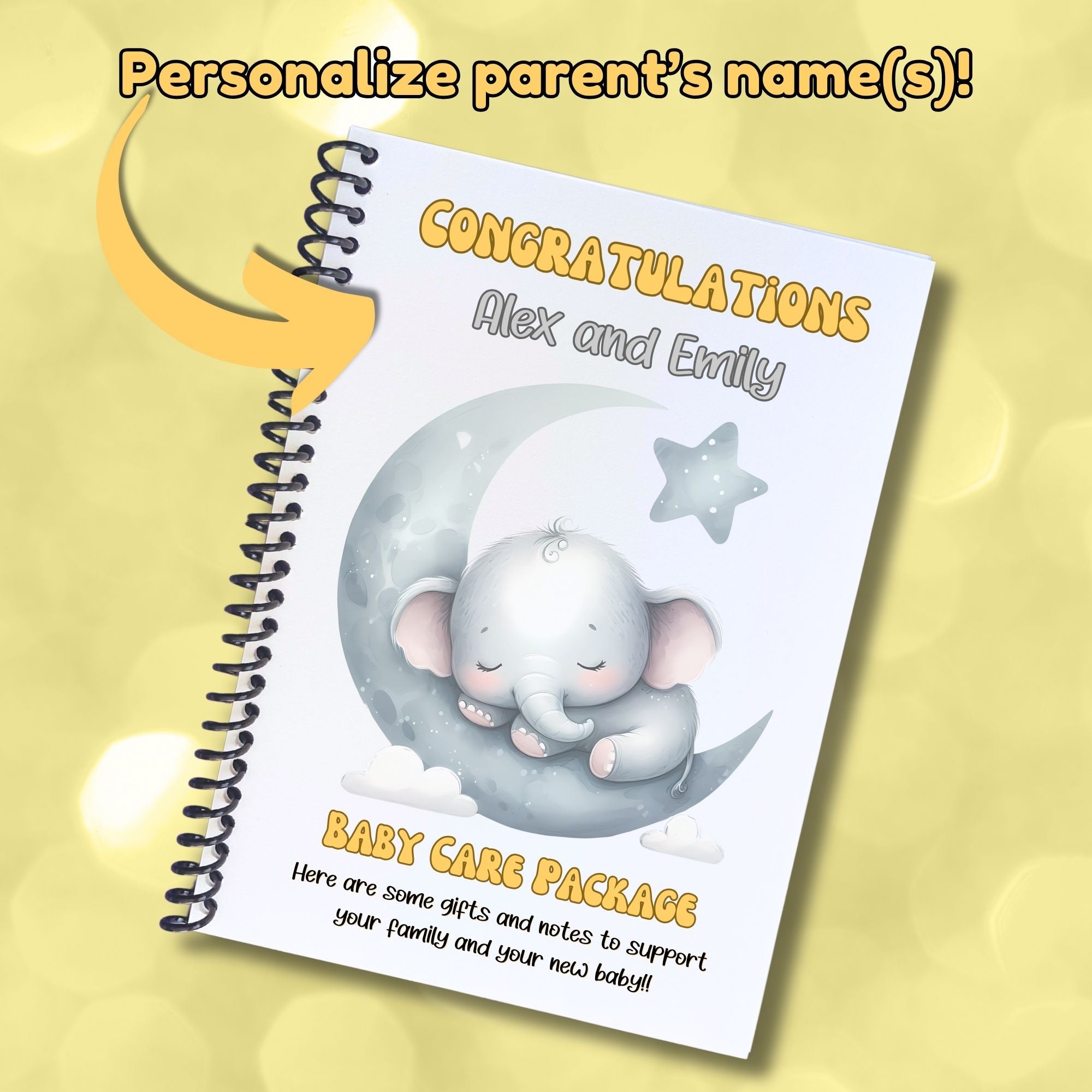 This image shows where the personalization is on the cover of the Personalized Baby Gift Card Book with Stickers - Elephant.