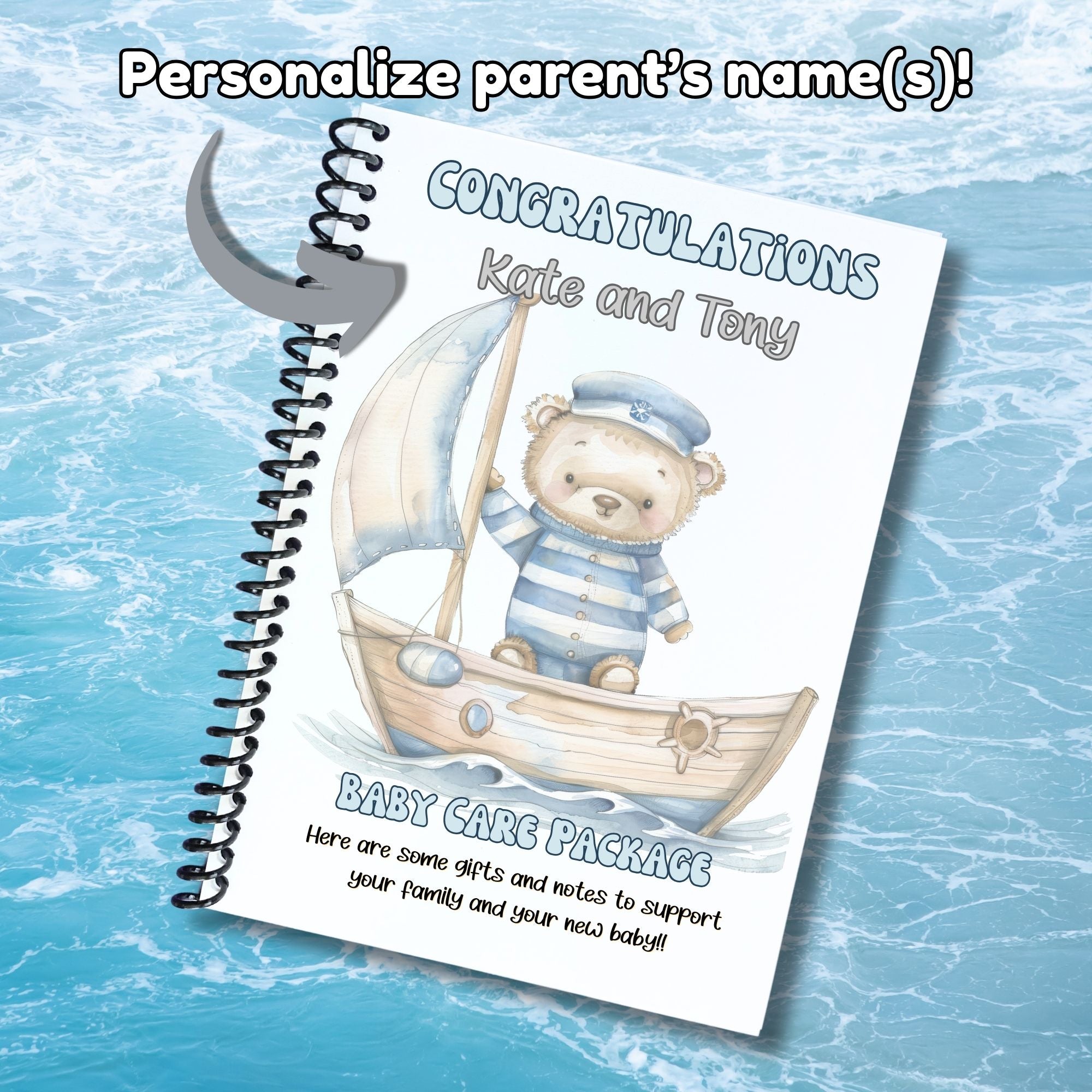 This image shows where the personalized name will be printed on the Personalized Baby Gift Card Book with Stickers - Nautical Bear.