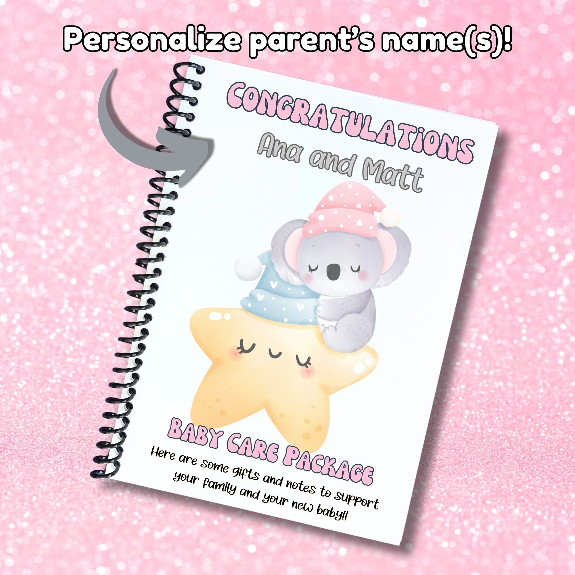 This image shows where the personalization is printed on the Personalized Baby Gift Card Book with Stickers - Koala.