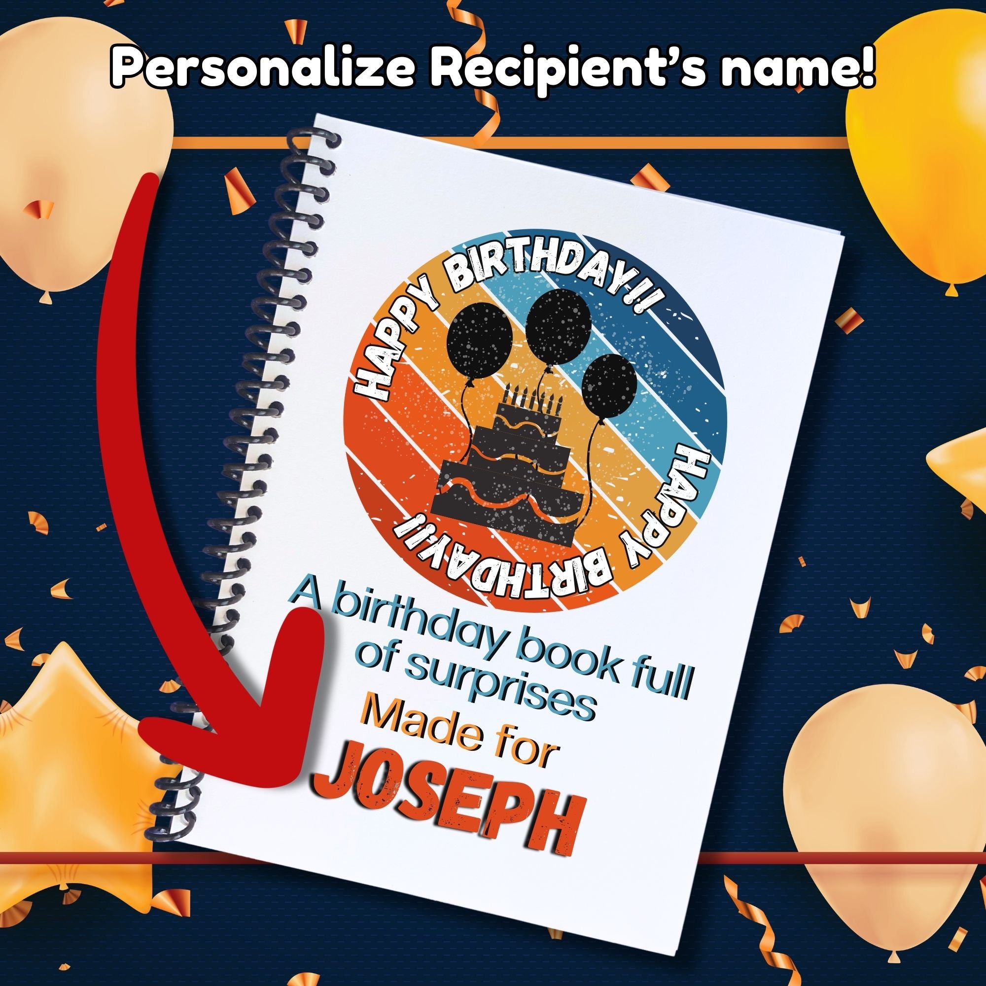 This image shows where your personalized name/message will be printed on the Personalized Birthday 5"x7" Gift Card Book with Stickers and PVC Cover - Retro.