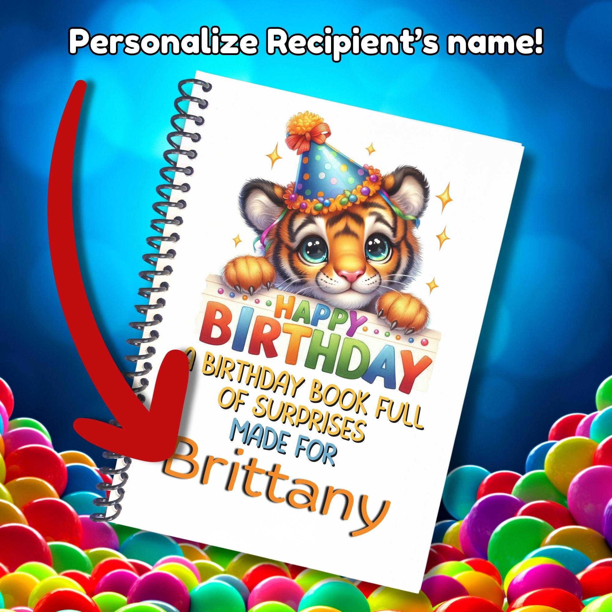 This image shows where your personalized name/message will be printed on the Personalized Birthday 5"x7" Gift Card Book with Stickers and PVC Cover - Tiger.