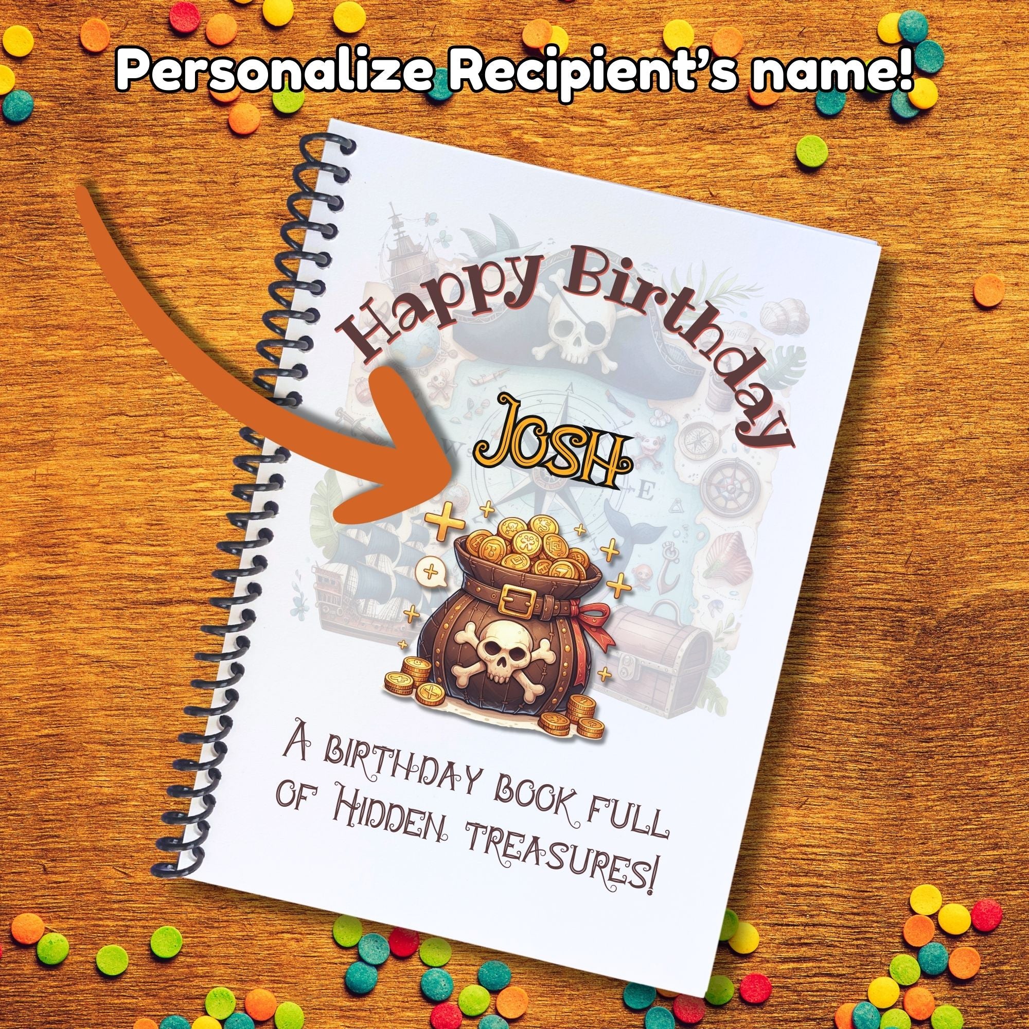 This image shows where your personalized name/message will be printed on the Personalized Birthday 5"x7" Gift Card Book with Stickers and PVC Cover - Pirate.