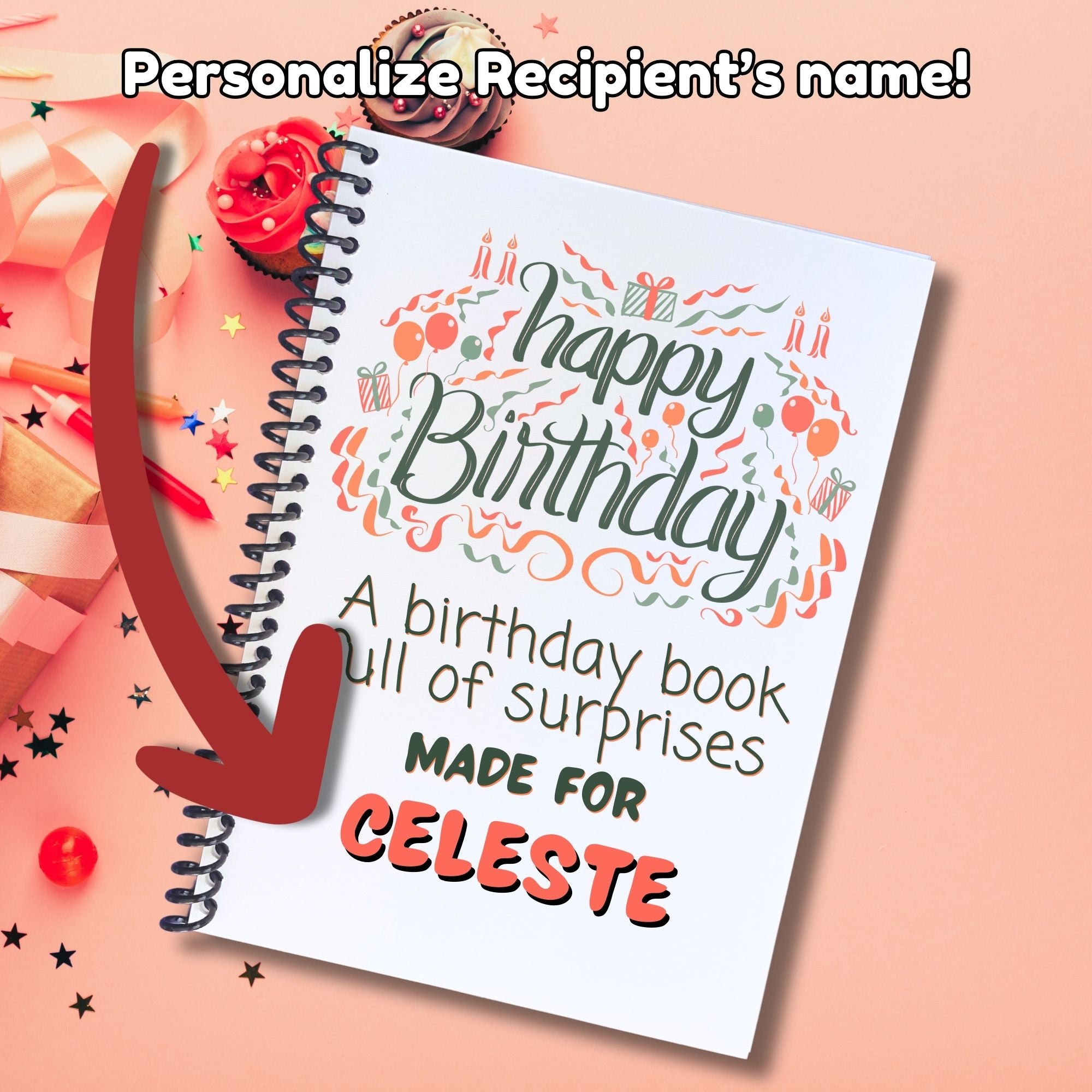 This image shows where your personalized name/message will be printed on the Personalized Birthday 5"x7" Gift Card Book with Stickers and PVC Cover - Birthday Streamers.