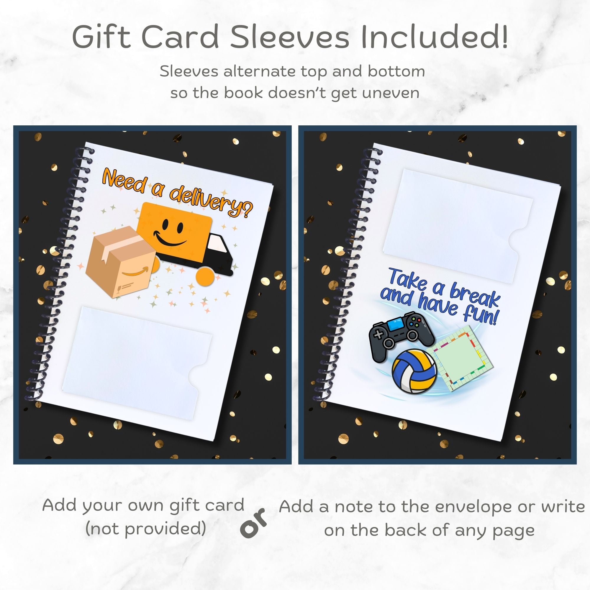 This image shows how the gift card sleeves/envelopes are staggered top to bottom in the Personalized Birthday 5"x7" Gift Card Book with Stickers and PVC Cover - Birthday Cake.