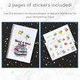 Load image into Gallery viewer, This image shows the included matte sticker sheet and examples of how you can apply them to the Personalized Birthday 5"x7" Gift Card Book with Stickers and PVC Cover - Birthday Cake.
