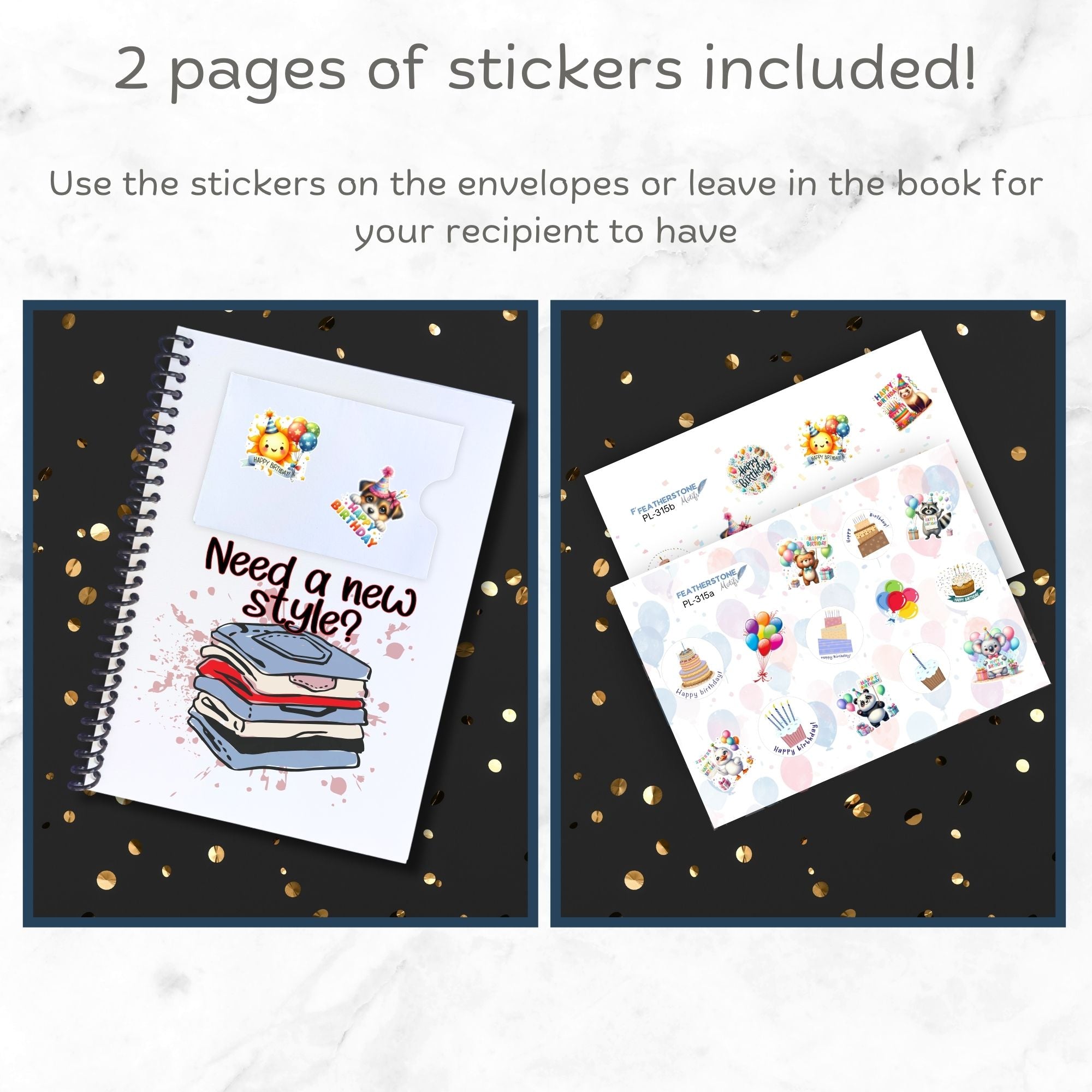 This image shows the included matte sticker sheet and examples of how you can apply them to the Personalized Birthday 5"x7" Gift Card Book with Stickers and PVC Cover - Birthday Cake.