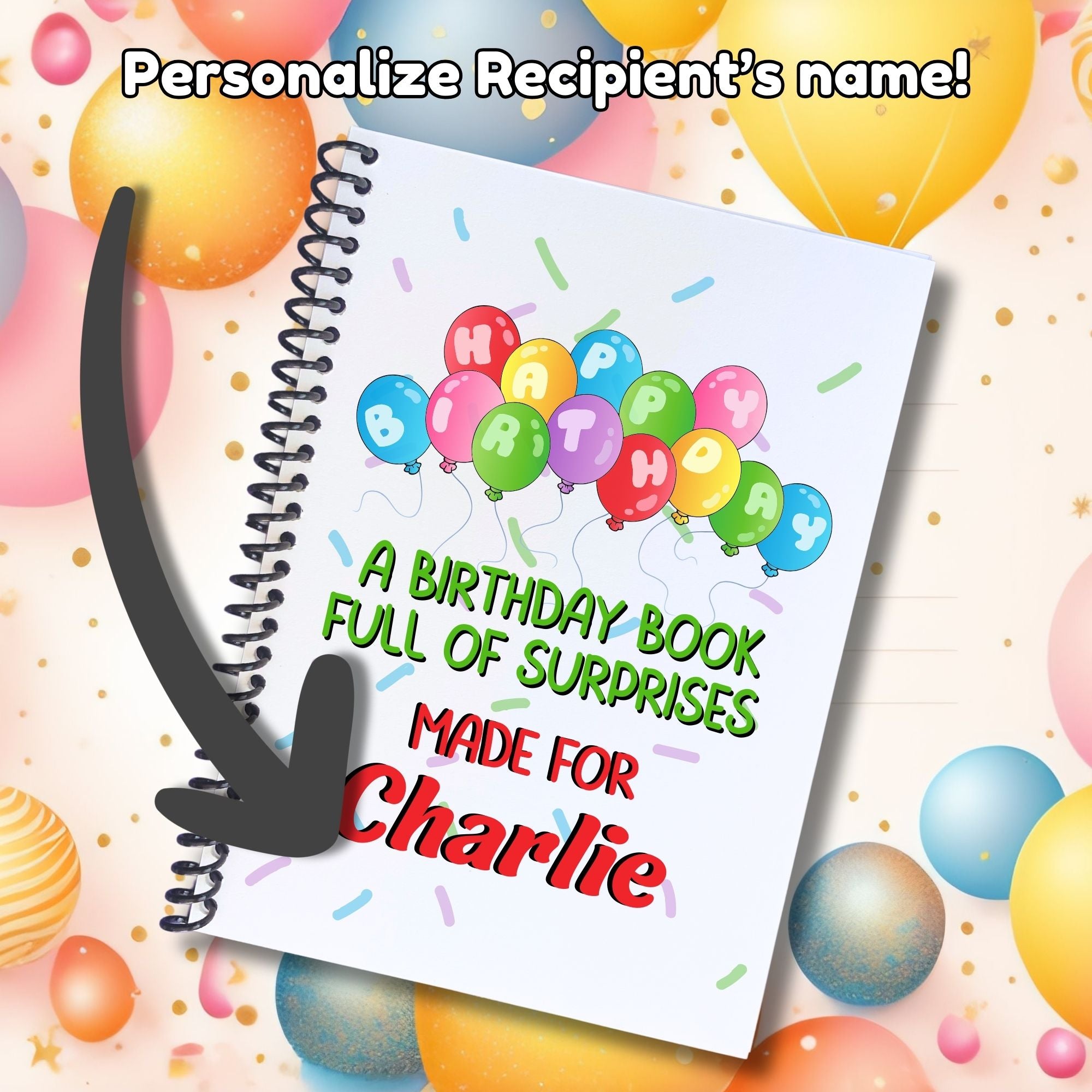 This image shows where your personalized name/message will be printed on the Personalized Birthday 5"x7" Gift Card Book with Stickers and PVC Cover - Birthday Balloons.