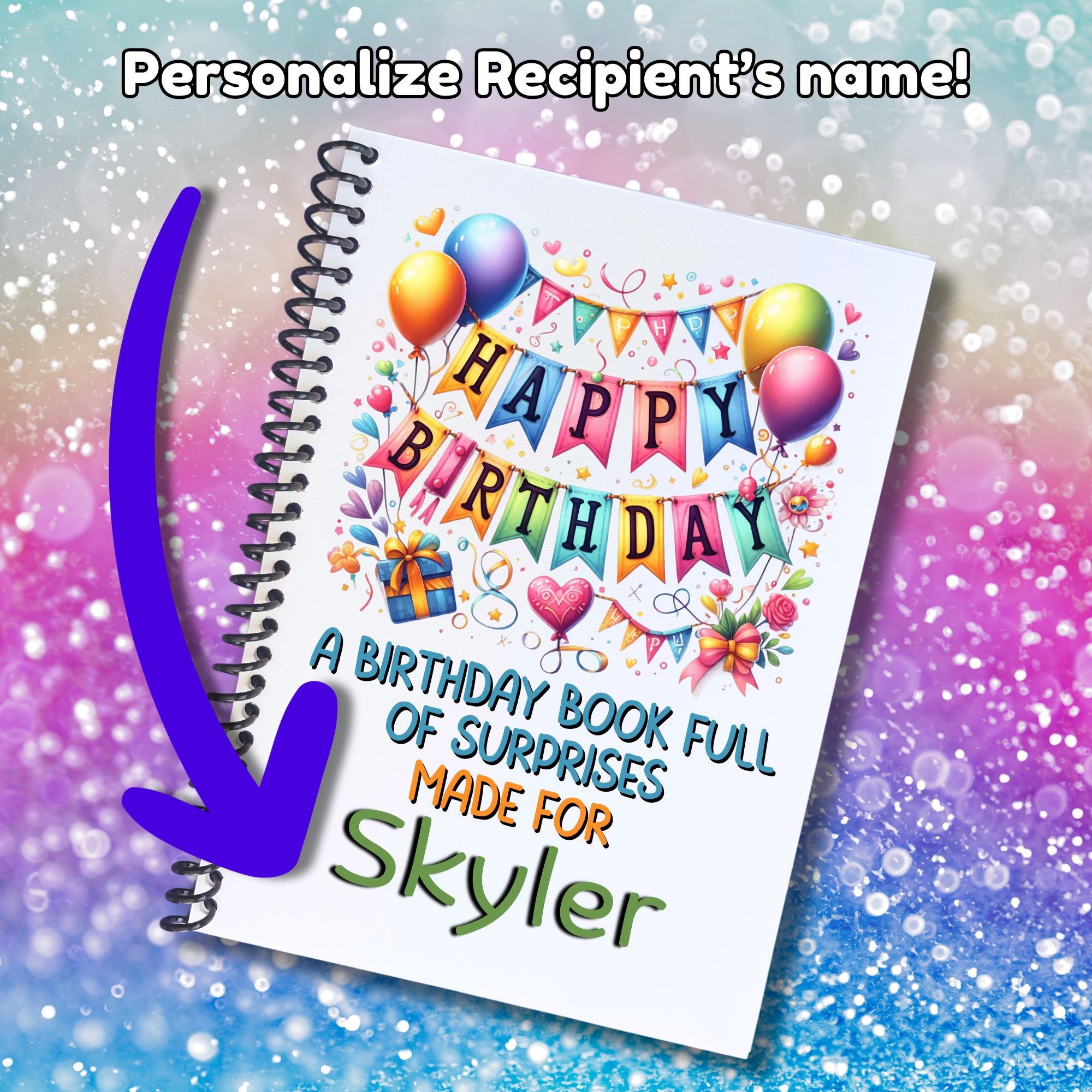 This image shows where your personalized name/message will be printed on the Personalized Birthday Compact 5"x7" Gift Card Book with Stickers and PVC Cover - Birthday Banner.