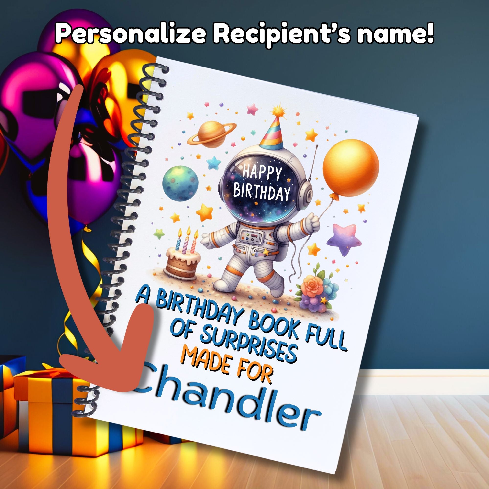 This image shows where your personalized name/message will be printed on the Personalized Birthday Compact 5"x7" Gift Card Book with Stickers and PVC Cover - Astronaut.