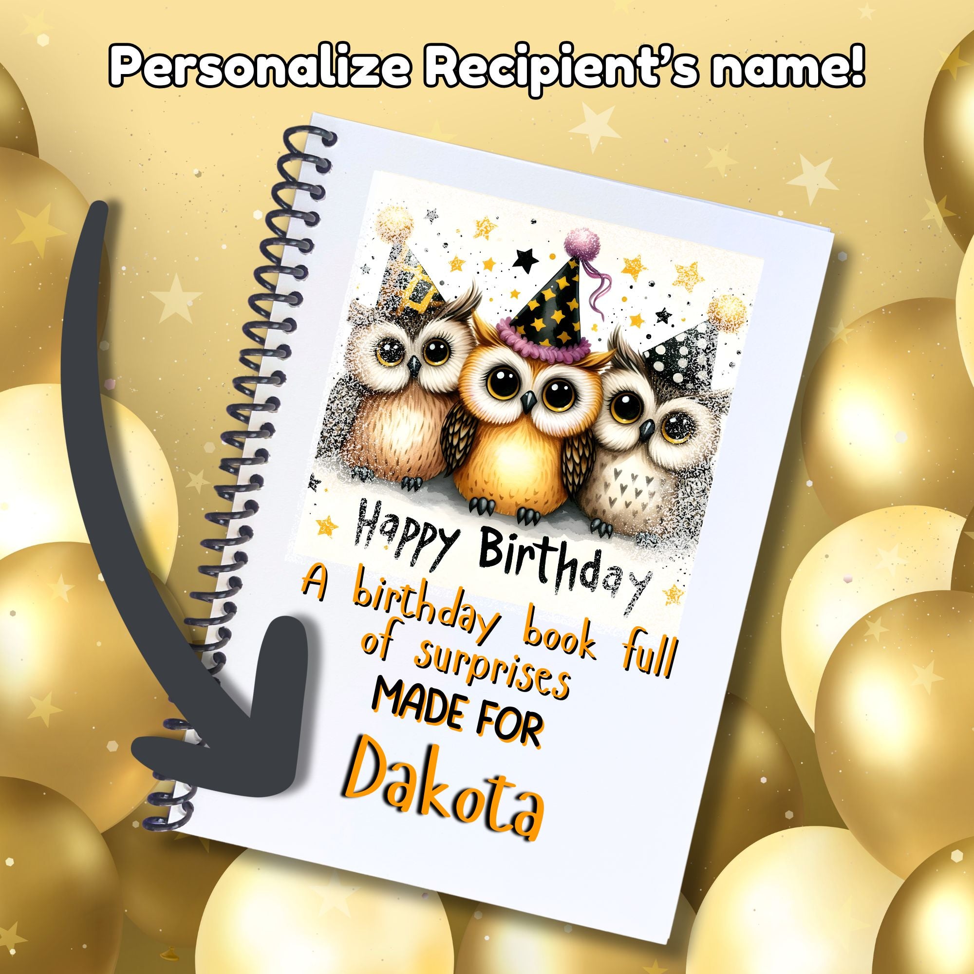 This image shows where your personalized name/message will be printed on the Personalized Birthday Compact 5"x7" Gift Card Book with Stickers and PVC Cover - Owls.