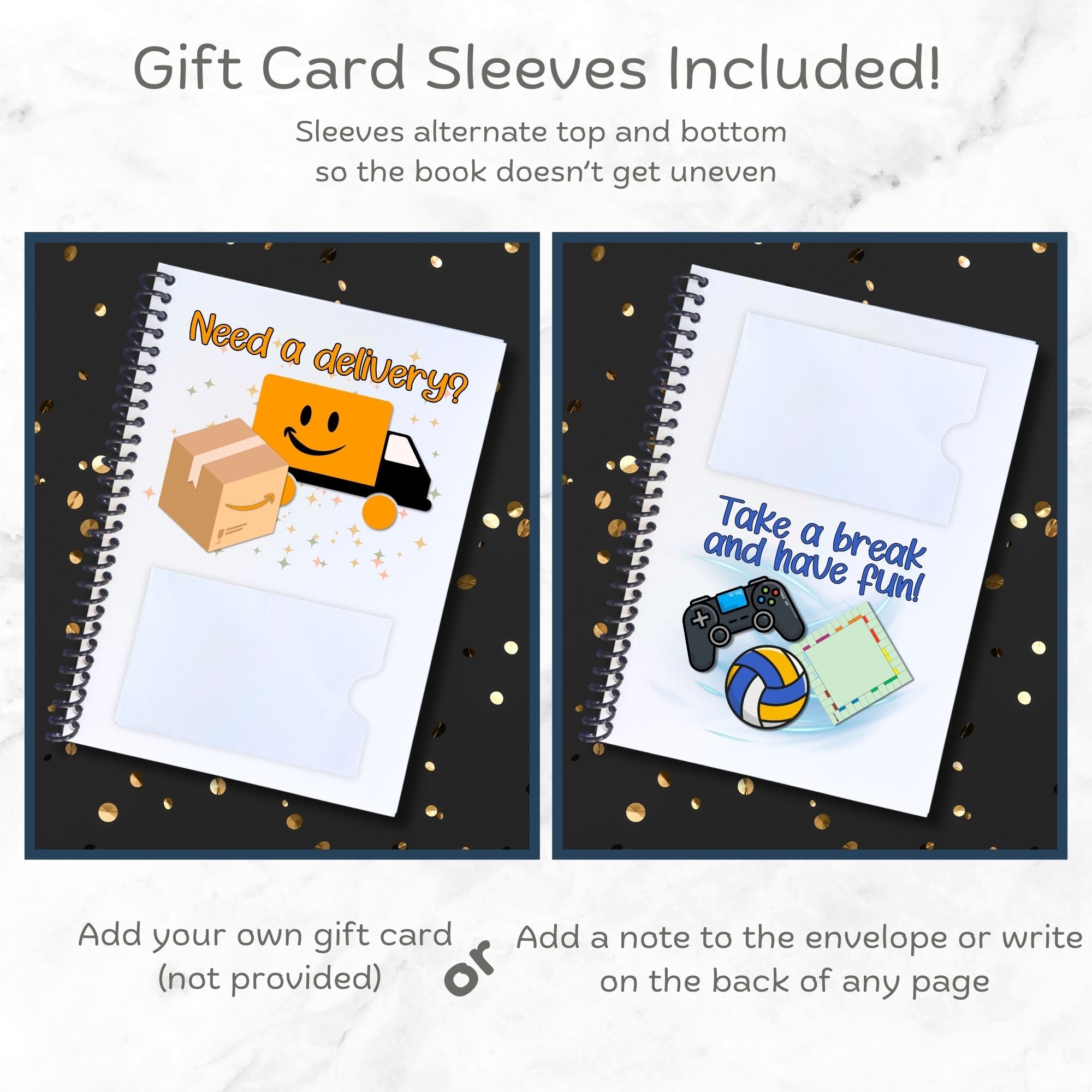 This image shows how the gift card sleeves/envelopes are staggered top to bottom in the Personalized Birthday Compact 5"x7" Gift Card Book with Stickers and PVC Cover - Birthday Cake.