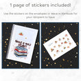 Load image into Gallery viewer, This image shows the included matte sticker sheet and examples of how you can apply them to the Personalized Birthday Compact 5"x7" Gift Card Book with Stickers and PVC Cover - Birthday Cake.
