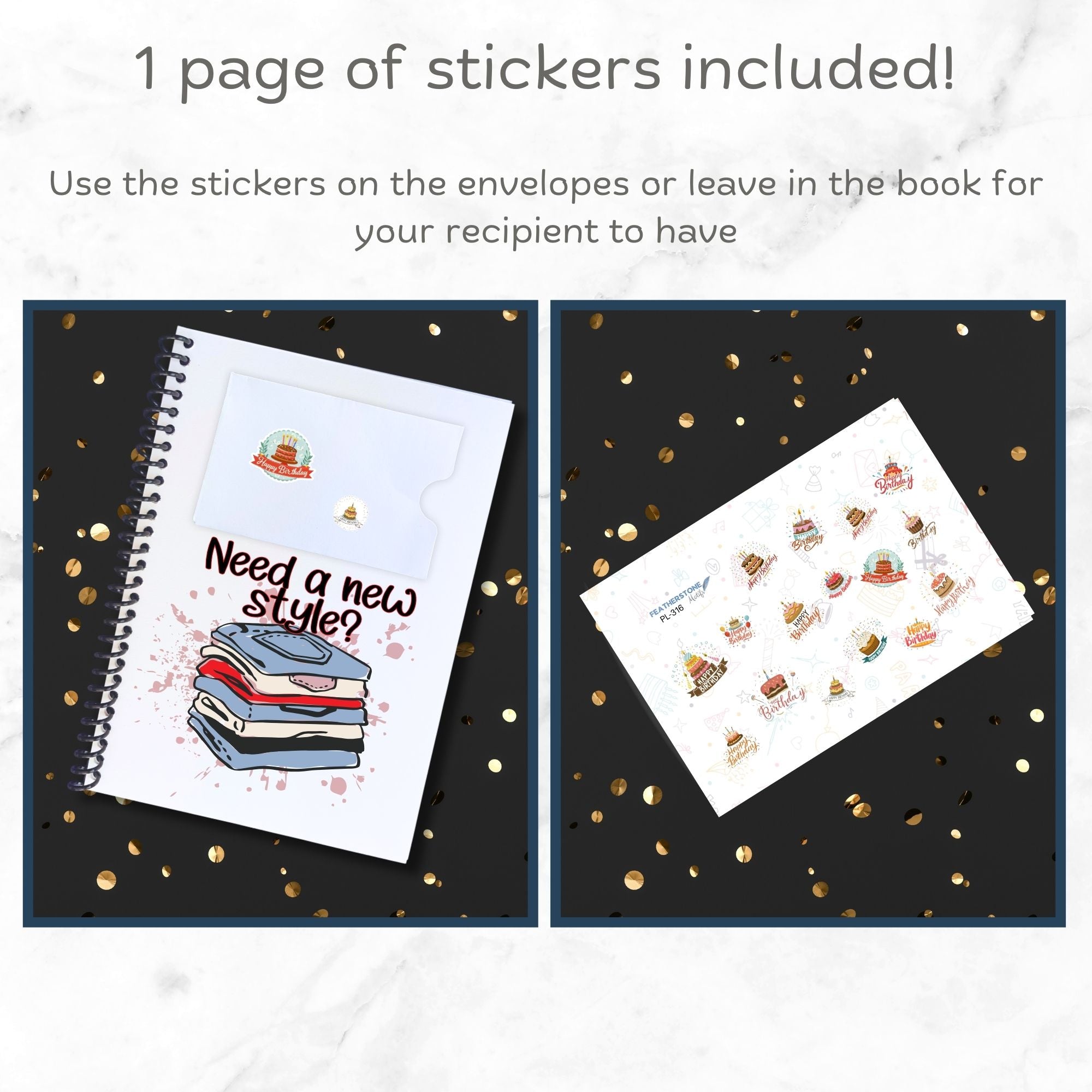 This image shows the included matte sticker sheet and examples of how you can apply them to the Personalized Birthday Compact 5"x7" Gift Card Book with Stickers and PVC Cover - Birthday Cake.