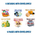 Load image into Gallery viewer, This image shows the six different designs on the six pages of the Personalized Birthday Compact 5"x7" Gift Card Book with Stickers and PVC Cover - Birthday Cake.
