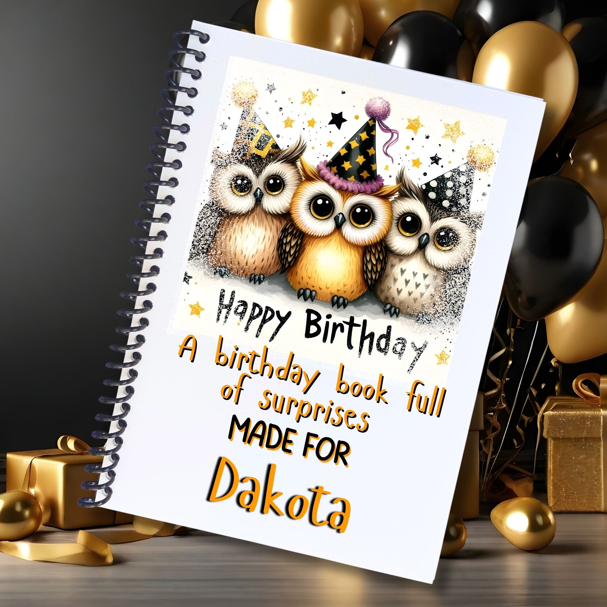 This image shows the Personalized Birthday Compact 5"x7" Gift Card Book with Stickers and PVC Cover - Owls.