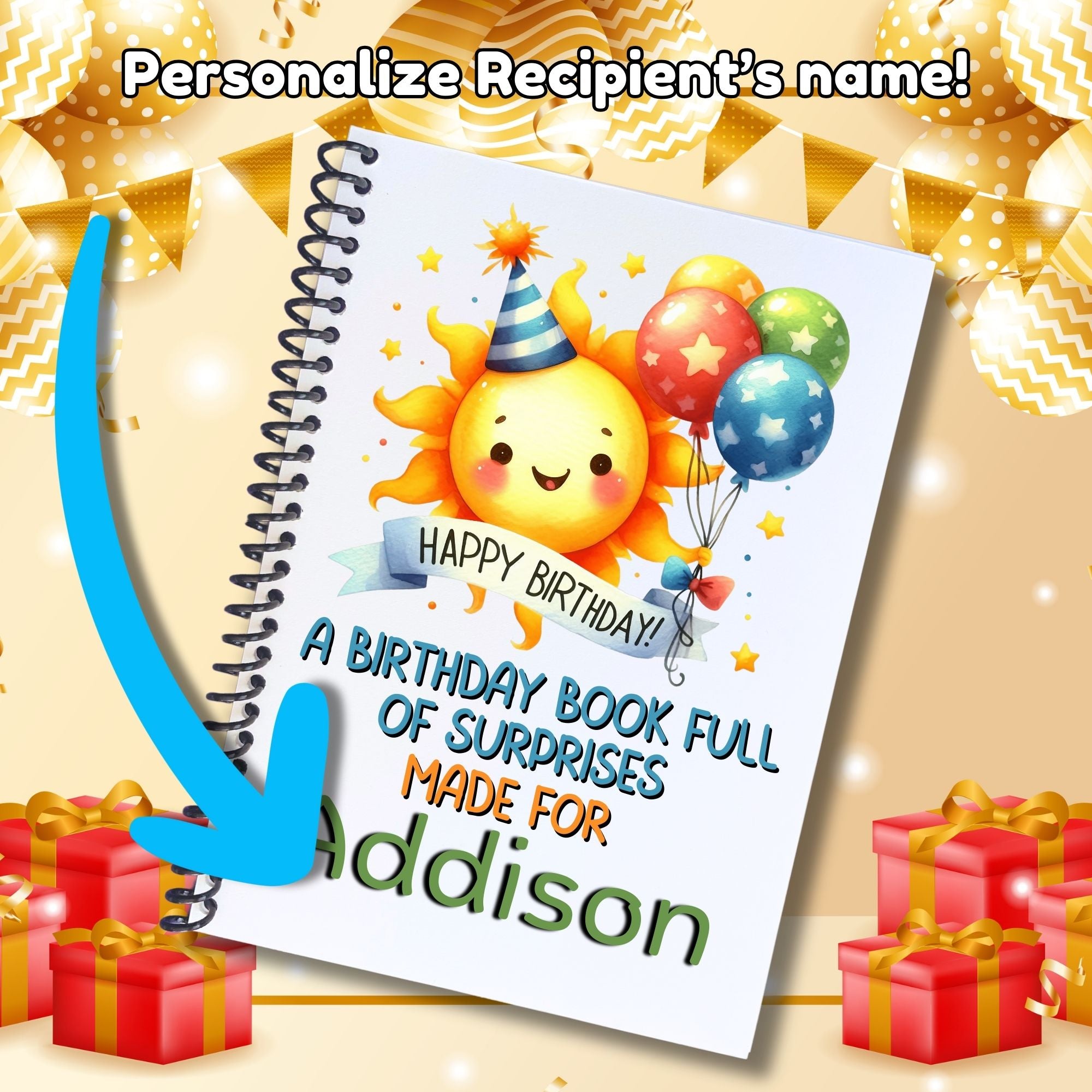 This image shows where your personalized name/message will be printed on the Personalized Birthday Compact 5"x7" Gift Card Book with Stickers and PVC Cover - Sunny.