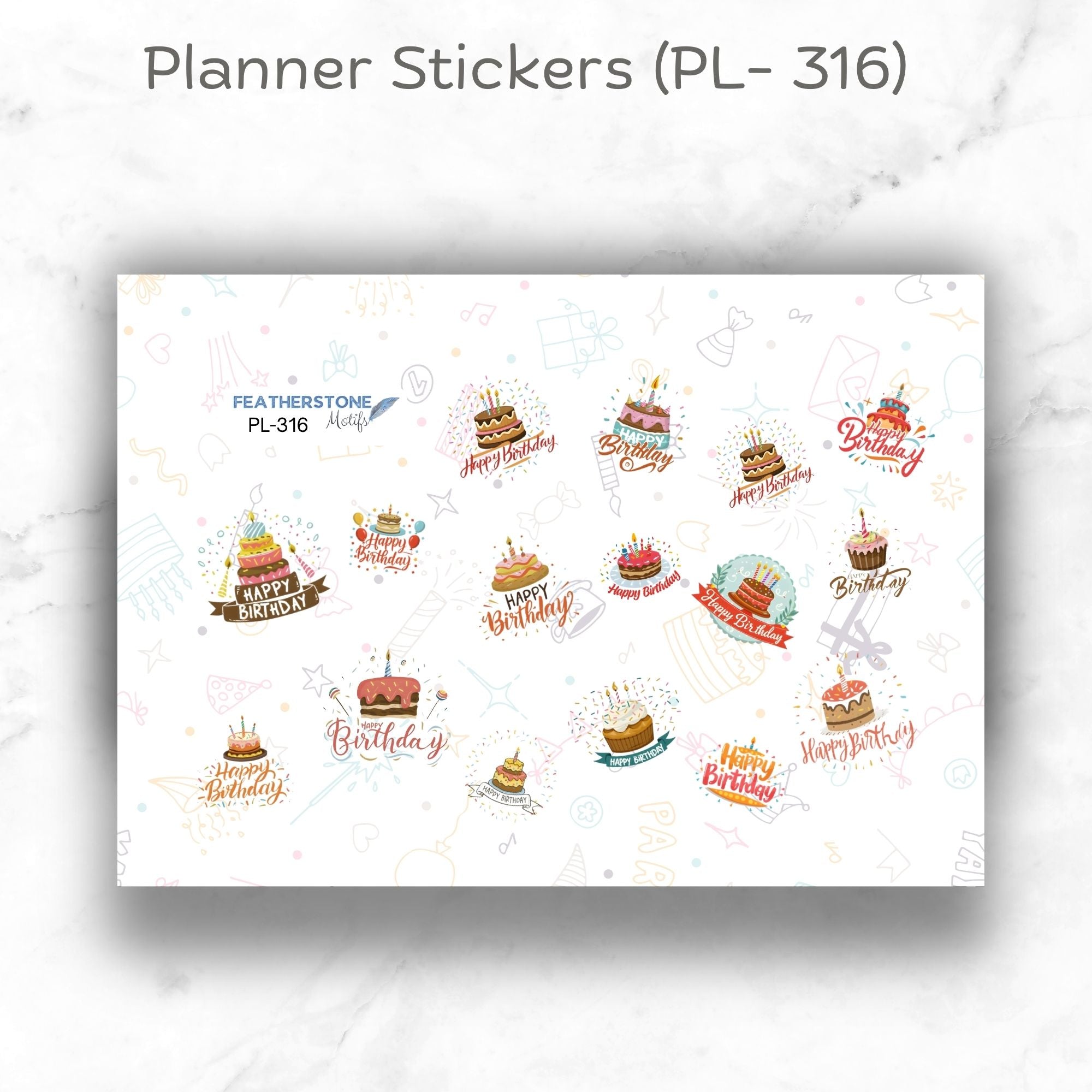 This image shows the PL-316 matte paper sticker sheet included with the Personalized Birthday Compact 5"x7" Gift Card Book with Stickers and PVC Cover - Birthday Cake.