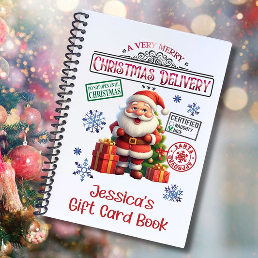 This image shows the cover of the Personalized Christmas Gift Card Book with Stickers and PVC Cover - Christmas Delivery